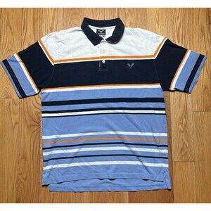 Avirex Button Up Polo Shirt Mens XL Collar Logo Embroidered Striped Blue White